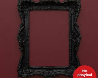 May include: A rectangular black picture frame featuring ornate, raised scrollwork and floral carvings along the entire border. A red circular badge in the bottom right corner contains the white text: No physical item, STI File.