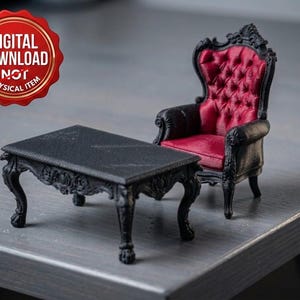 May include: A miniature black table and a matching black armchair with a tufted red seat and backrest. The furniture features ornate carved details on the legs and frame. A red circular badge with the text DIGITAL DOWNLOAD NOT PHYSICAL ITEM.