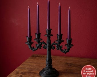 May include: A black, ornate candelabra with five purple candles. The candelabra has a decorative, scrolled design and sits on a wooden surface against a red background. The candles are lit.
