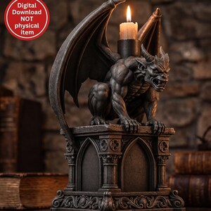 May include: A dark gray gargoyle candle holder featuring a winged creature perched on a stone-like pedestal with a lit candle in the center. A red circular badge in the corner contains the text Digital Download NOT physical item.