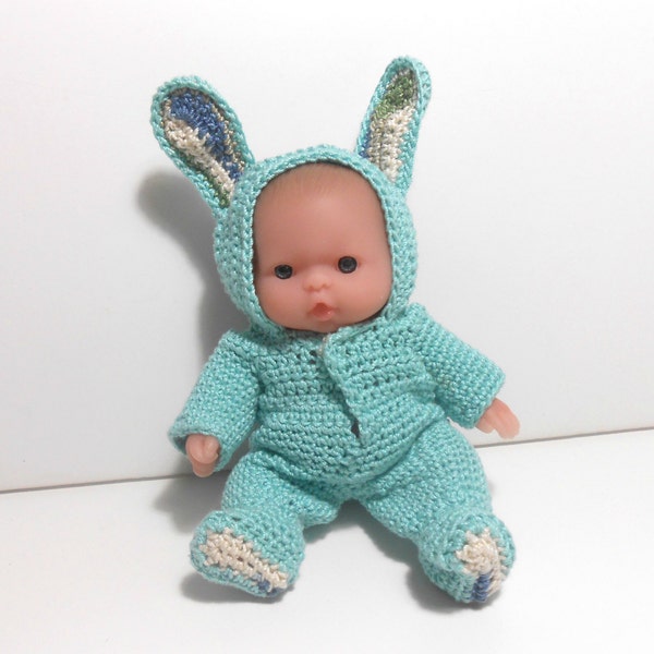 Bunny Doll, Easter Decoration, Crocheted Bunny Outfit, 5 Inch Rabbit Doll, Berenguer Doll, Turquoise Bunny Doll