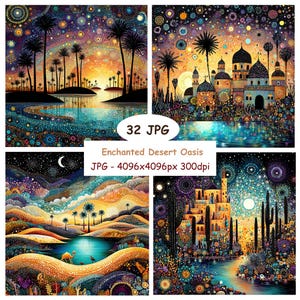 Könnte beinhalten: Eine Sammlung von vier digitalen Kunstdrucken, die eine "Enchanted Desert Oasis" darstellen. Jedes Bild zeigt lebendige Farben, darunter Blau-, Orange- und Lilatöne, mit stilisierten Landschaften mit Palmen, Gewässern und architektonischen Elementen. Der Text "32 JPG" und Bilddetails sind sichtbar.