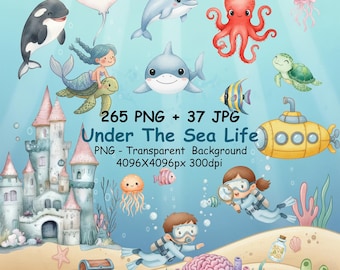Under the Sea Ocean Sea Life, 265 PNG + 37 JPG Underwater Clipart, Watercolor Ocean Cute Marine Animals Clip Art Bundle