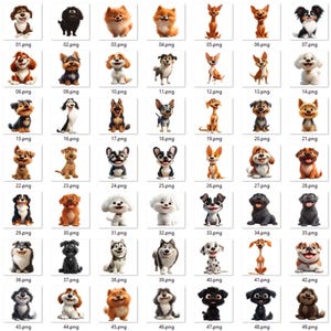 May include: A collection of 49 cartoon dog illustrations, each with unique features and expressions. The dogs vary in breed, color, and size, presented in a grid layout with numbered labels.