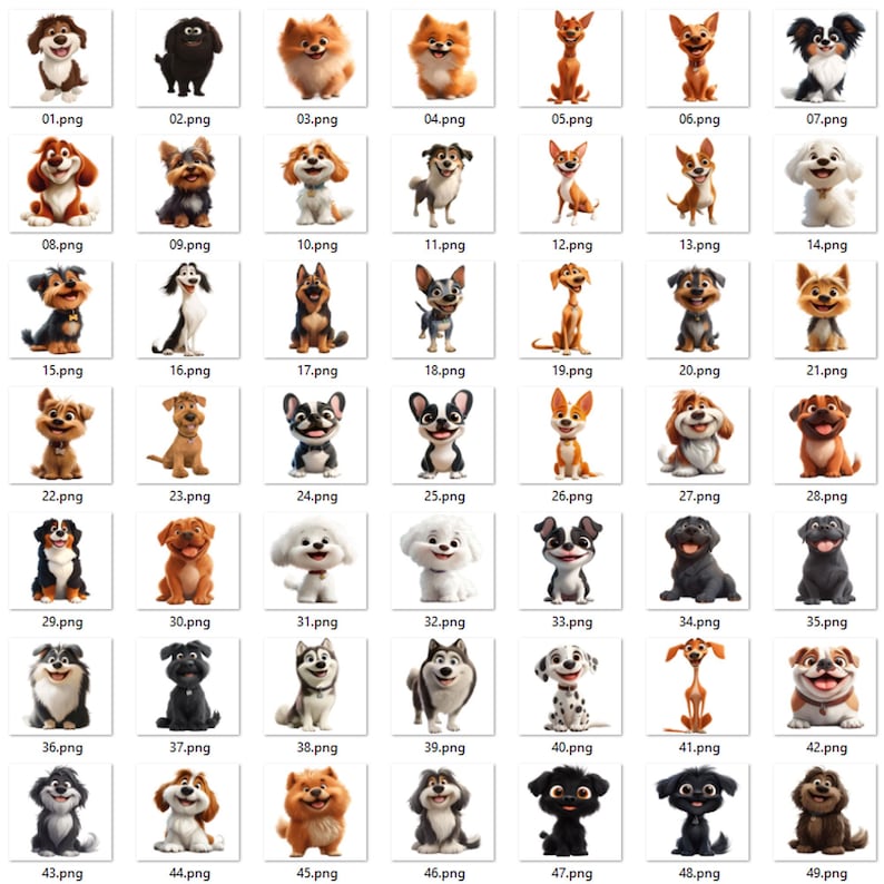 May include: A collection of 49 cartoon dog illustrations, each with unique features and expressions. The dogs vary in breed, color, and size, presented in a grid layout with numbered labels.