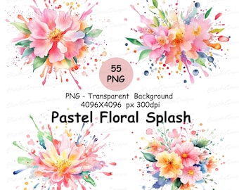 Aquarel pastel bloemen splash clipart, png verf splatter illustraties, abstracte bloemen kleurrijke kleur splash splatters achtergrond