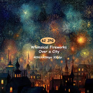 Op de afbeelding: Een artistieke illustratie van een skyline van een stad 's nachts, verlicht door kleurrijk vuurwerk. De afbeelding toont een donkerblauwe lucht gevuld met uitbarstingen van oranje, gele en blauwgroene vuurwerk boven de silhouetten van gebouwen. Tekst luidt: "Whimsical Fireworks Over a City."