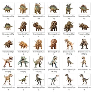 May include: A collection of 30 dinosaur illustrations, including Stegosaurus, Triceratops, Tyrannosaurus Rex, and Velociraptor. The illustrations are in a cartoon style and are set against a white background.