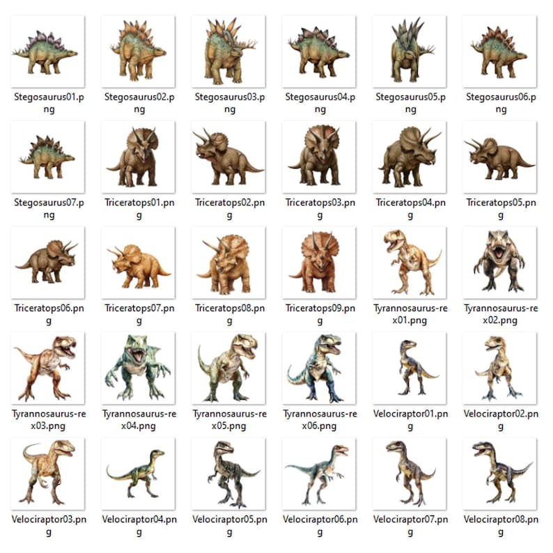 May include: A collection of 30 dinosaur illustrations, including Stegosaurus, Triceratops, Tyrannosaurus Rex, and Velociraptor. The illustrations are in a cartoon style and are set against a white background.