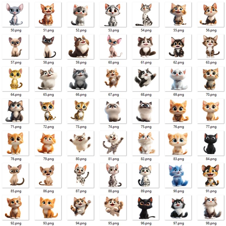 May include: A collection of 98 digital illustrations of cartoon cats in various poses and colors. The cats are depicted in a variety of styles, including realistic, stylized, and cartoonish. The illustrations are perfect for use in a variety of projects, such as greeting cards, websites, and social media.