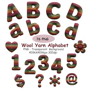 May include: A collection of colorful, knitted alphabet letters, numbers, and symbols. The set includes uppercase and lowercase letters, numbers 1-5, a heart, a flower, a dollar sign, a question mark, an asterisk, and an at symbol. The text "Wool Yarn Alphabet" is also present.