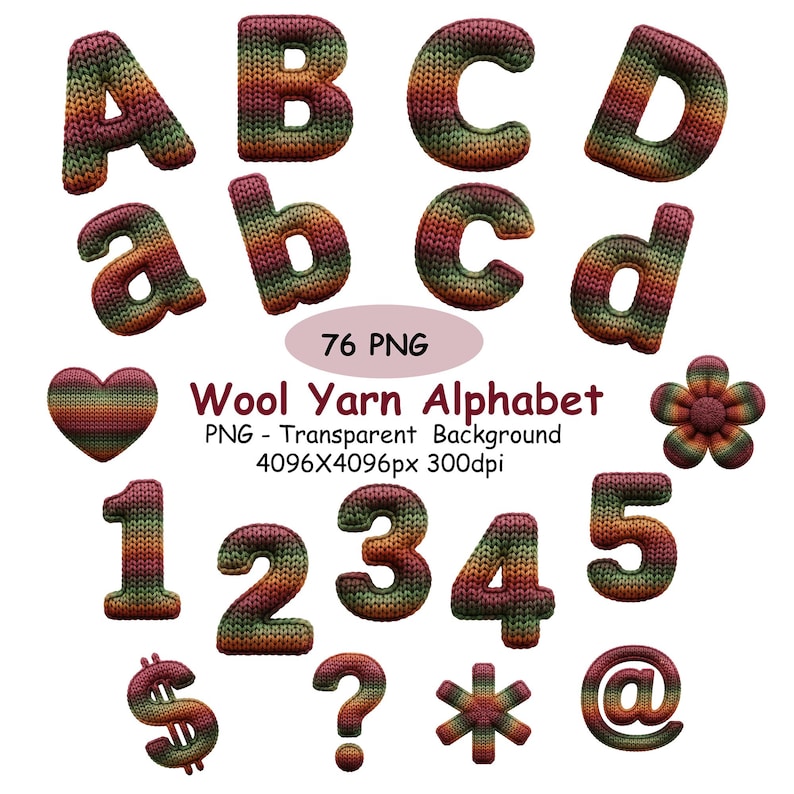 Knitted Alphabet Clipart Bundle, Multicolored Crochet Faux Yarn Letters ...