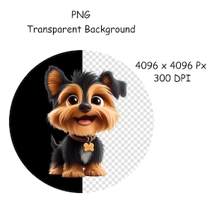 May include: A cartoon Yorkshire Terrier with a black and tan coat, brown eyes, and a smiling expression. The dog wears a brown collar with a bone-shaped tag. The image includes the text "PNG Transparent Background" and dimensions.
