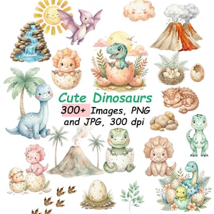 May include: A collection of watercolour illustrations featuring adorable dinosaurs, some hatching from eggs, alongside volcanoes and palm trees. The image includes the text "Cute Dinosaurs 300+ Images, PNG and JPG, 300 dpi."