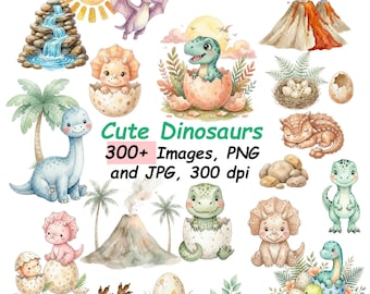 Cute Dinosaurs Clipart Set, Watercolor Dinosaur Clip art Bundle, for Kids, Baby Nursery, Shower,  Birthday Party and Decor, PNG (Digital)