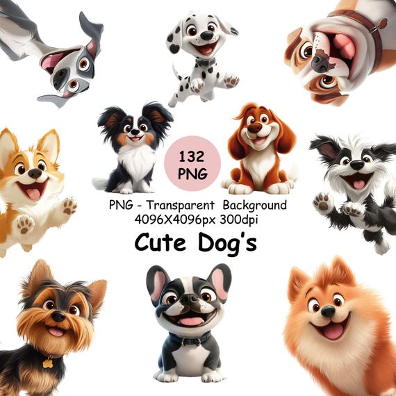 Cute Dog Clipart, 132 High Quality PNG's Happy Dogs Clip Art, Cartoon Dog PNG, Printable Puppies Graphics, Instant Download, Commercial use