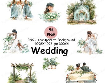 54 Aquarell Hochzeit Clipart, Hochzeit Elemente Aquarell Clip Art, Boho Hochzeit hochwertige PNG, JPG, Braut Clipart digitaler Download
