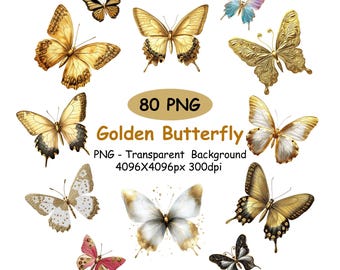 80 mariposas doradas clipart, mariposa dorada PNG transparente, elegante paquete de imágenes prediseñadas de acuarela decorativa.