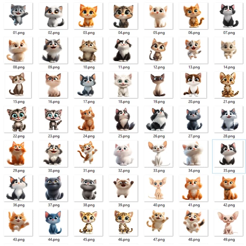May include: A collection of 49 cartoon cat illustrations. Each cat is depicted in a different pose and with a unique expression. The cats are all brightly colored and have large, expressive eyes.