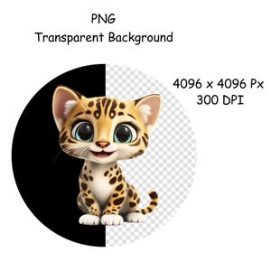 May include: A cartoon illustration of a cute, brown and yellow spotted cat with big blue eyes. The cat is sitting on its hind legs with its front paws together. The background is transparent.