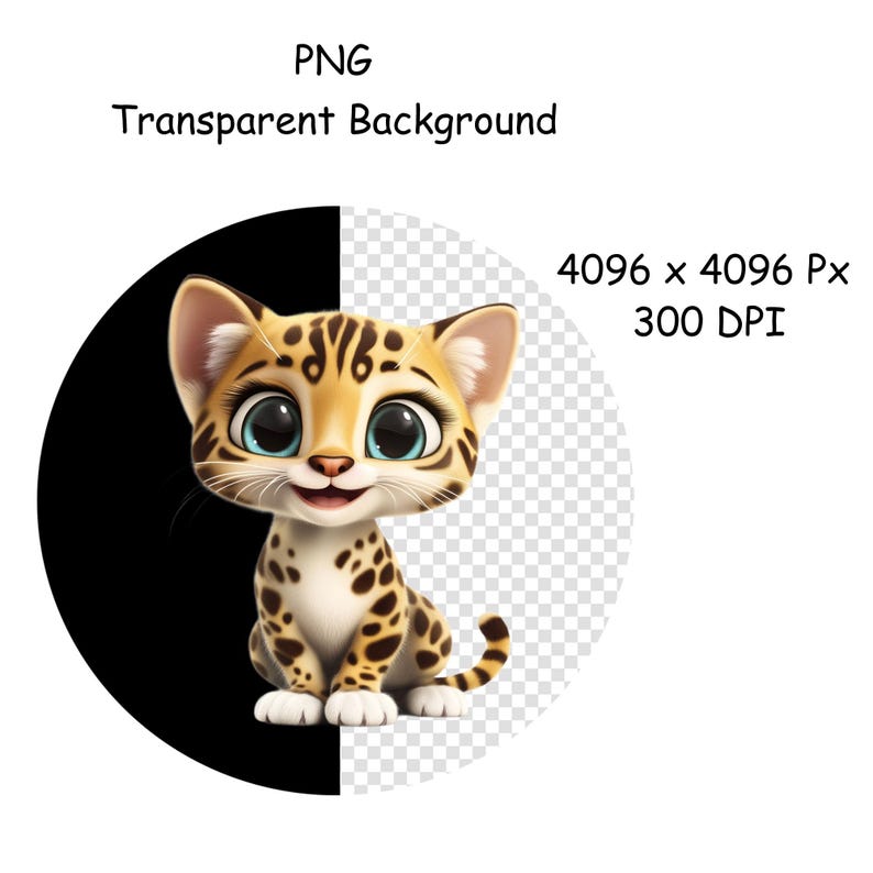 May include: A cartoon illustration of a cute, brown and yellow spotted cat with big blue eyes. The cat is sitting on its hind legs with its front paws together. The background is transparent.