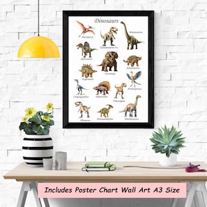 May include: A colorful educational poster featuring illustrations of different dinosaurs with their names. The poster is titled "Dinosaurs" and includes a variety of dinosaurs, such as Tyrannosaurus Rex, Stegosaurus, and Brachiosaurus. The poster is printed on white paper and has a black frame. The poster is displayed on a white brick wall with a wooden table in front of it. The table has a vase with flowers, a stack of books, and a plant on it. The poster is A3 size.