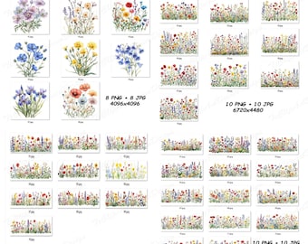 42 Wildflower Field Border Clip art, Wildflower Frame Flower Border Floral Printable Watercolor Clipart, High Quality PNG, JPG Clip Art Pack