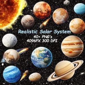 Clipart Układu Słonecznego, zestaw ponad 40 realistycznych planet, przezroczysty obraz PNG przedstawiający kosmos, plakat Układu Słonecznego do wydrukowania, natychmiastowe pobranie cyfrowe.