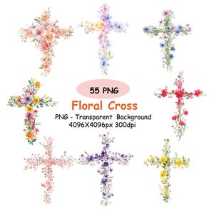 May include: A collection of seven floral cross designs in various colors, including pink, purple, yellow, and blue. The crosses are adorned with watercolor-style flowers and greenery. Text on the image reads "55 PNG Floral Cross".