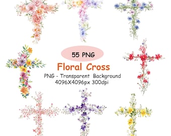 55 bloemen kruis clipart, aquarel christelijk kruis gemaakt van bloemen, wilde bloemen kruis illustraties, transparante achtergrond, png.