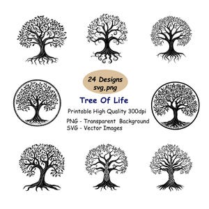 May include: A selection of black and white tree of life designs. The image showcases different tree illustrations, some enclosed in circular frames. Text indicates 24 designs are available as SVG and PNG files with a transparent background.