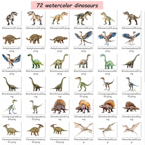 May include: A collection of 72 watercolor dinosaur illustrations. Each dinosaur is depicted in a unique pose and with vibrant colors. The illustrations are arranged in a grid format, with each dinosaur labeled with its name and a file extension.