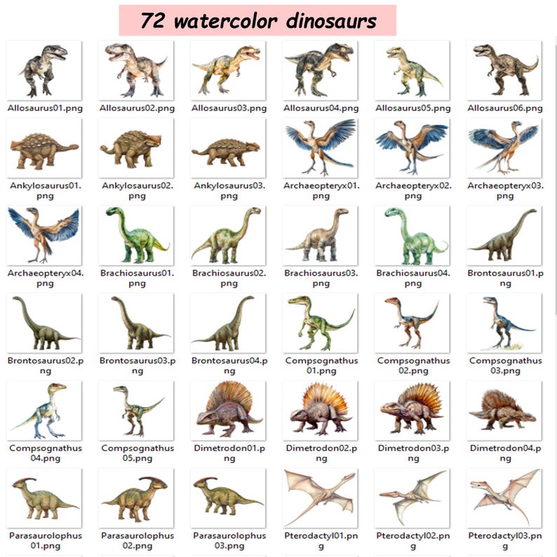 May include: A collection of 72 watercolor dinosaur illustrations. Each dinosaur is depicted in a unique pose and with vibrant colors. The illustrations are arranged in a grid format, with each dinosaur labeled with its name and a file extension.