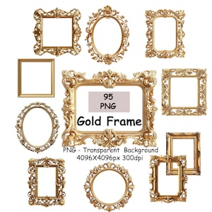 95 Watercolor Gold Frame Clipart PNG Transparent Background, Antique Gold Frames Clip Art Bundle Graphics, Digital Download