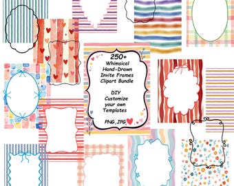 250+ Whimsical Frame Clipart Bundle, Watercolor Hand Drawn, Wavy Stripes Checkered Invitation Frames Borders PNG & JPG