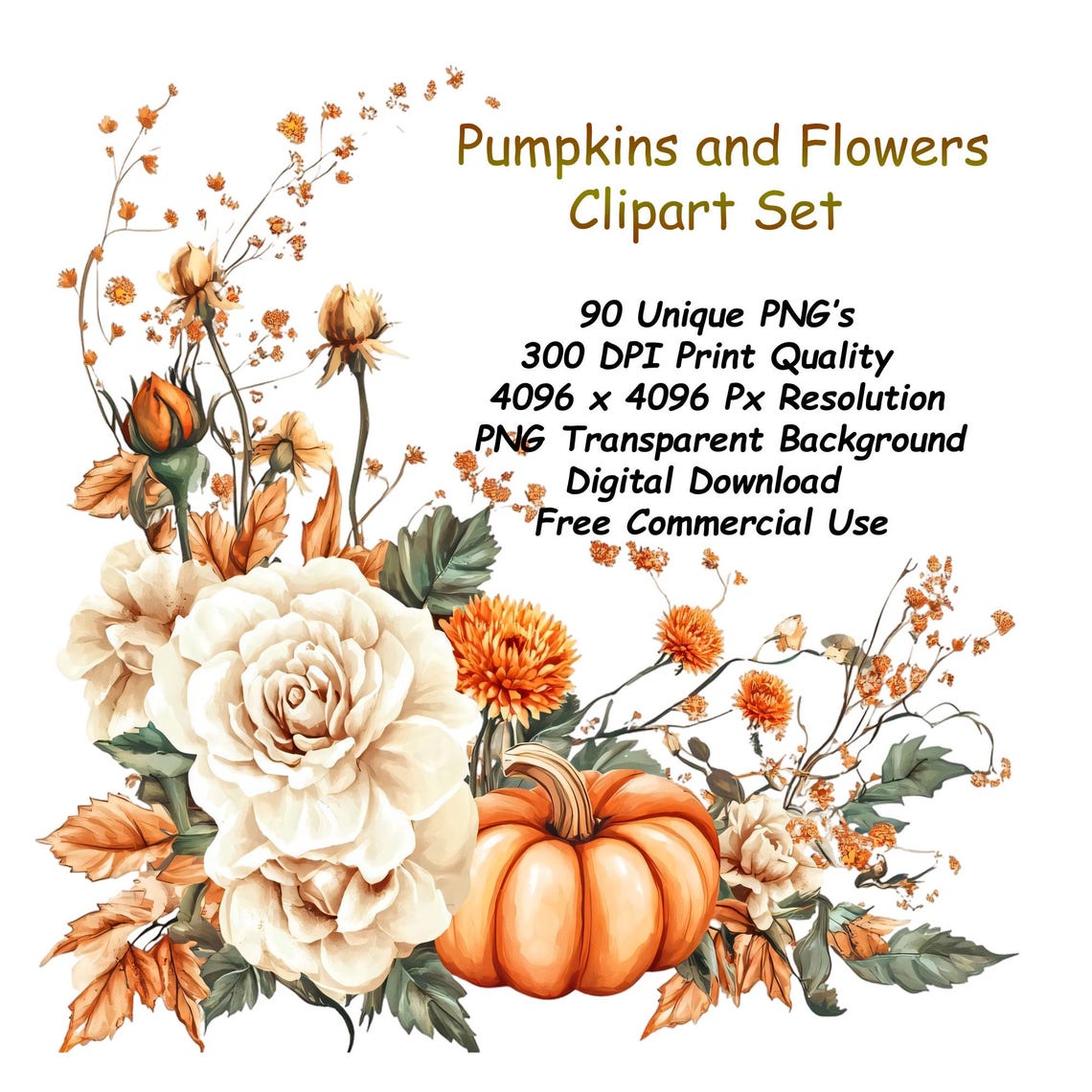 90 Pumpkins and Flowers Clipart, Watercolor Fall Pumpkin Bouquet ...
