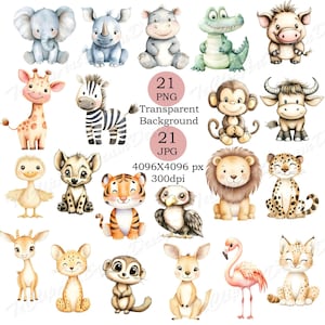 21 Safari Baby Tiere Aquarell Clipart, niedliche Dschungel Tiere Clipart, Löwe, Elefant, hochwertige PNG JPG Clip Art Pack, digitaler Download