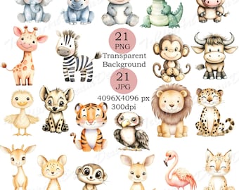 21 imágenes prediseñadas de acuarela de animales bebés de safari, imágenes prediseñadas de animales lindos de la selva, león, elefante, paquete de imágenes PNG JPG de alta calidad, descarga digital