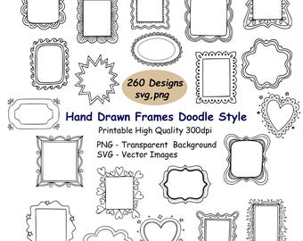 260 Hand Drawn Frames Clipart Bundle, Doodle Frame Border Clip Art, PNG and SVG Vector Digital Design for Crafting.