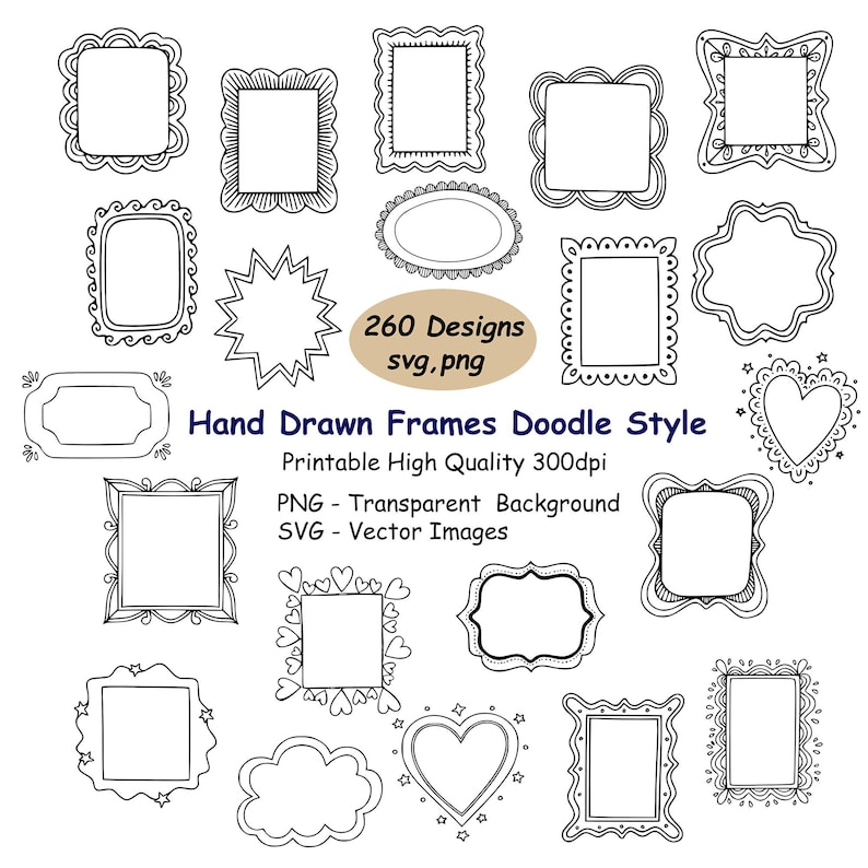 260 Hand Drawn Frames Clipart Bundle, Doodle Frame Border Clip Art, PNG ...