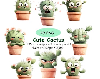 49 Cute Cactus Clipart Bundle, Watercolor Cacti PNG, Funny Grumpy Cactus Clip art, Cute Cartoon Cactus Printable Graphics.