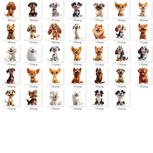 May include: A collection of 34 cartoon dog illustrations, each with unique features and expressions. The dogs vary in breed, color, and pose, with some smiling and others looking curious. Each image is labeled with a number.