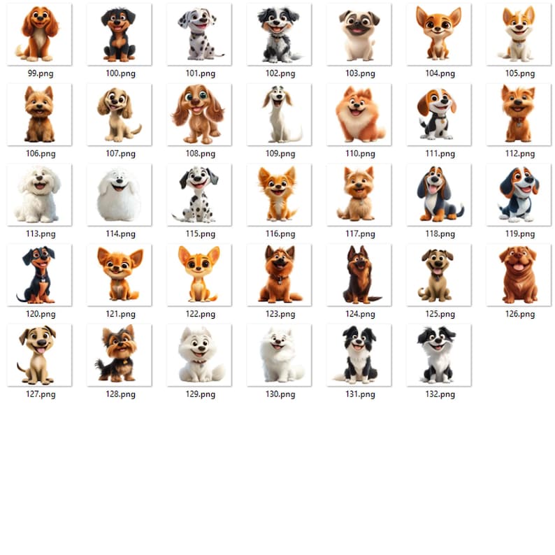 May include: A collection of 34 cartoon dog illustrations, each with unique features and expressions. The dogs vary in breed, color, and pose, with some smiling and others looking curious. Each image is labeled with a number.