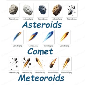 Pode incluir: Uma cole&ccedil;&atilde;o de ilustra&ccedil;&otilde;es digitais de asteroides, cometas e meteoroides. As imagens s&atilde;o em estilo cartoon e s&atilde;o perfeitas para uso em jogos ou outros projetos digitais.