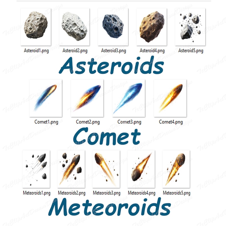 Pode incluir: Uma cole&ccedil;&atilde;o de ilustra&ccedil;&otilde;es digitais de asteroides, cometas e meteoroides. As imagens s&atilde;o em estilo cartoon e s&atilde;o perfeitas para uso em jogos ou outros projetos digitais.