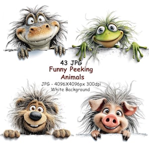 Può includere: Quattro illustrazioni di animali dei cartoni animati con il testo "43 JPG Funny Peeking Animals". Gli animali includono una lucertola, una rana, un leone e un maiale sorridenti, ognuno con occhi espressivi e pelliccia ispida.