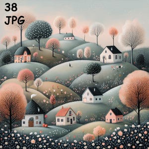 38 grillige landschap illustraties, Fantasy eigenzinnigheid landschap afdrukbare aquarel clipart hoge kwaliteit PNG, JPG clip art pack, digitale download