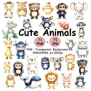 71 Cute Animals Clipart, Watercolor Cute Animals Clipart 71 Cute Watercolor Baby Animal Bundle Printable High Quality PNG, JPG Clip Art Pack