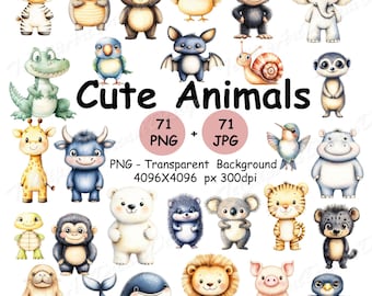 71 Cute Animals Clipart, Watercolor Cute Animals Clipart 71 Cute Watercolor Baby Animal Bundle Printable High Quality PNG, JPG Clip Art Pack