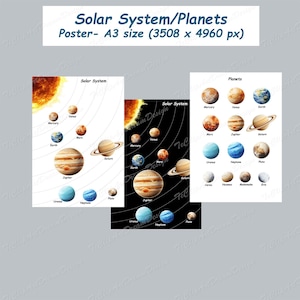 Pode incluir: Um cartaz educativo colorido sobre o sistema solar e os planetas. O cartaz apresenta ilustra&ccedil;&otilde;es do sol, dos planetas e seus nomes. O cartaz est&aacute; dividido em duas se&ccedil;&otilde;es: "Sistema solar" e "Planetas".